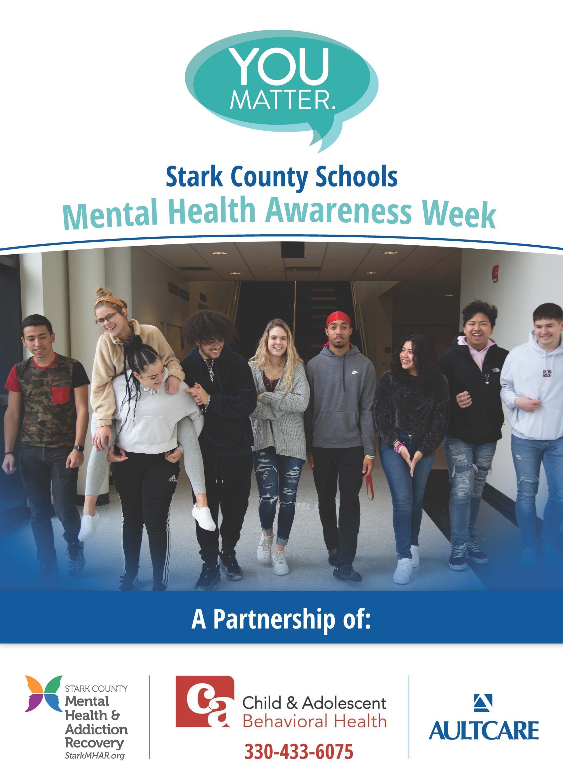 Poster for Stark County Schools Mental Health Awareness Week. Group of diverse teens in a hallway. Logos include 