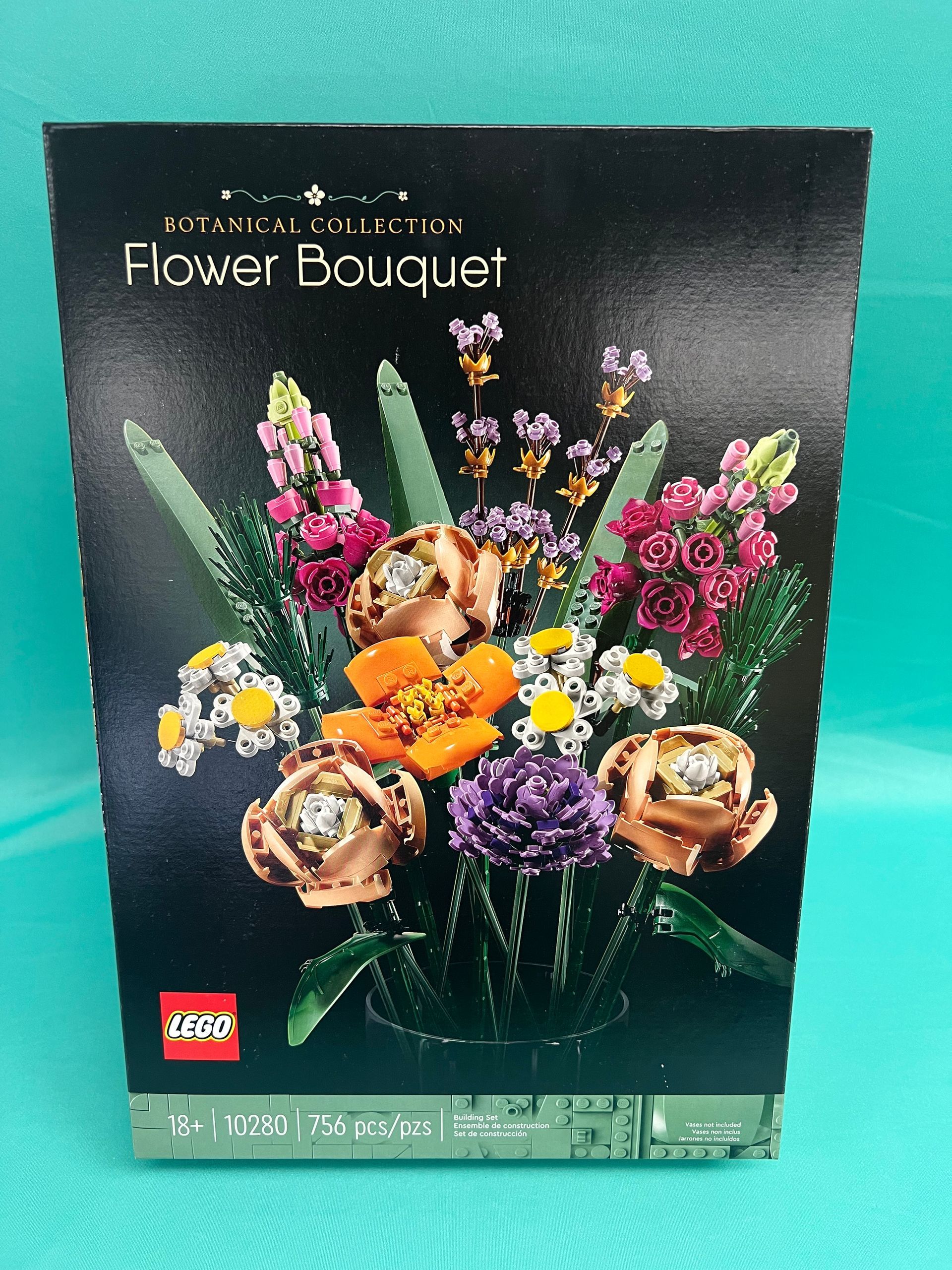 Lego Flower Bouquet box art: colorful brick flowers against a dark background.