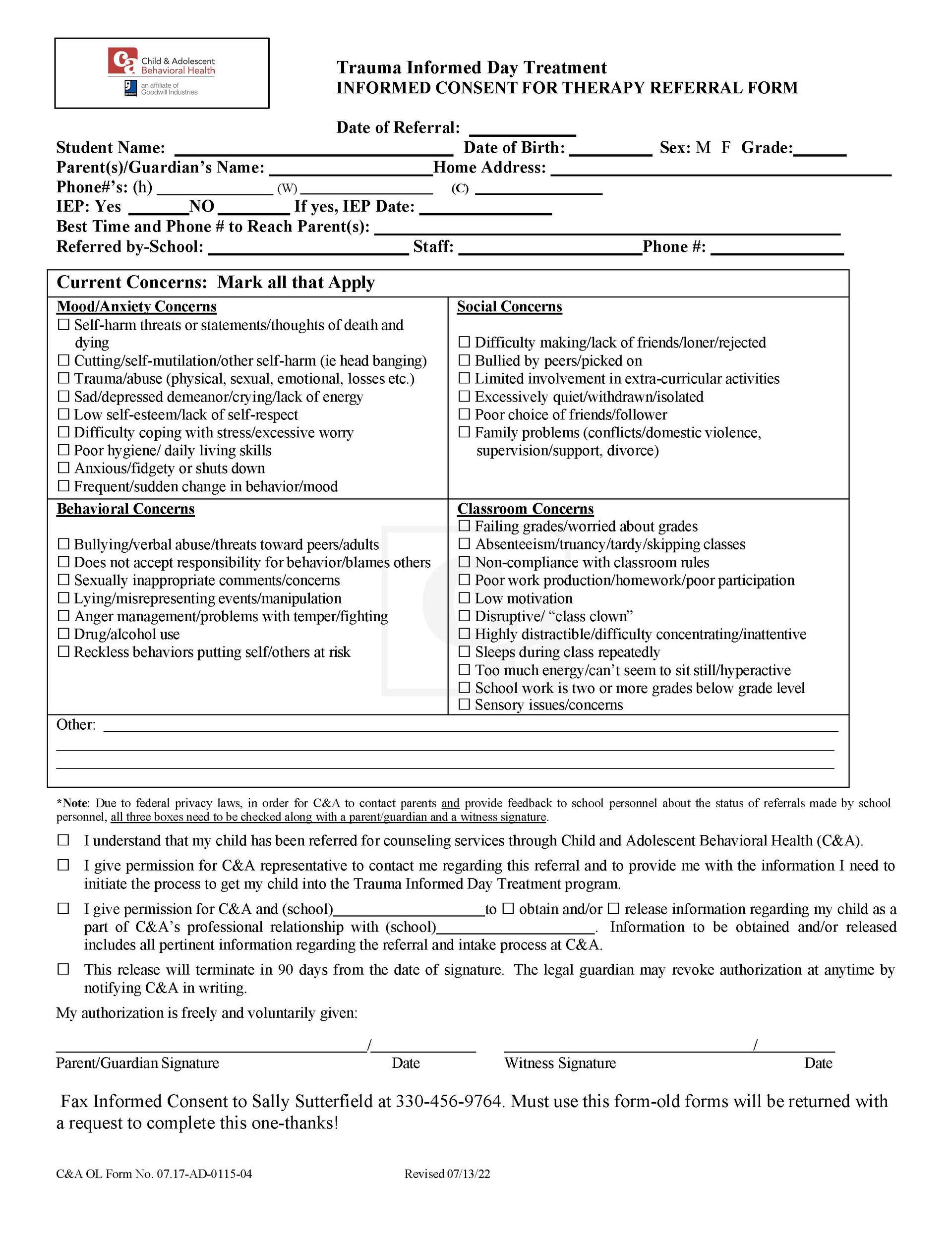 Trauma-informed therapy referral form, for a student to address behavioral and social concerns.
