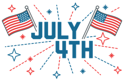 July 4th graphic with American flags, stars, and burst lines in red and blue.