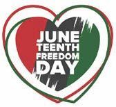 Juneteenth Freedom Day graphic: red, black, and green heart with text 