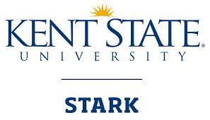 Kent State University Stark logo. Blue text with a golden sunburst above, and