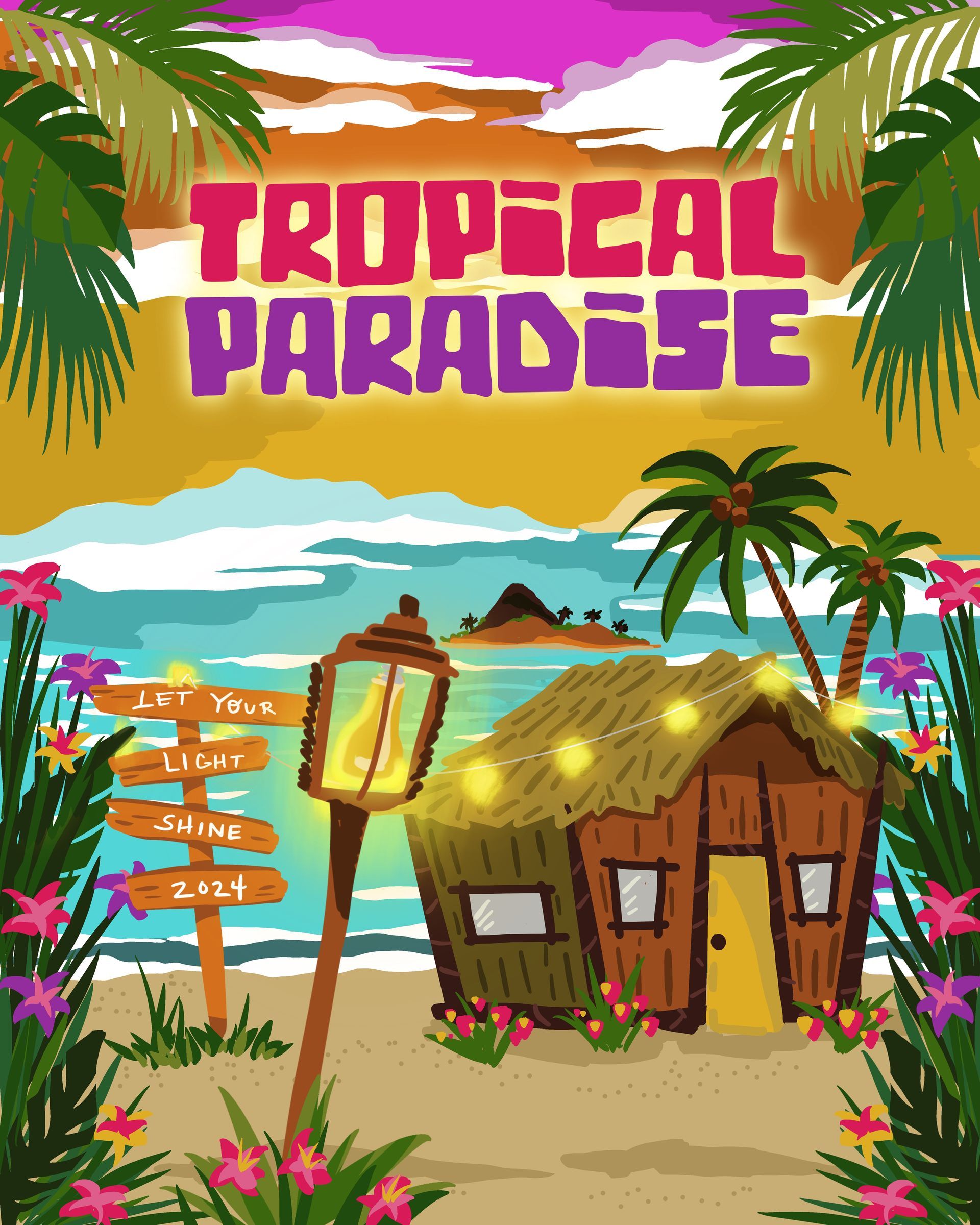 Tropical Paradise: thatched hut with string lights, ocean view, signpost, palm trees, colorful flowers.