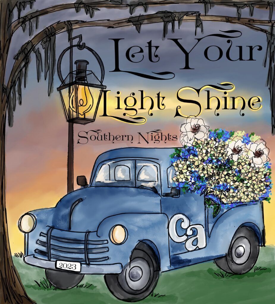 Blue truck overflowing with flowers, lantern, and text: