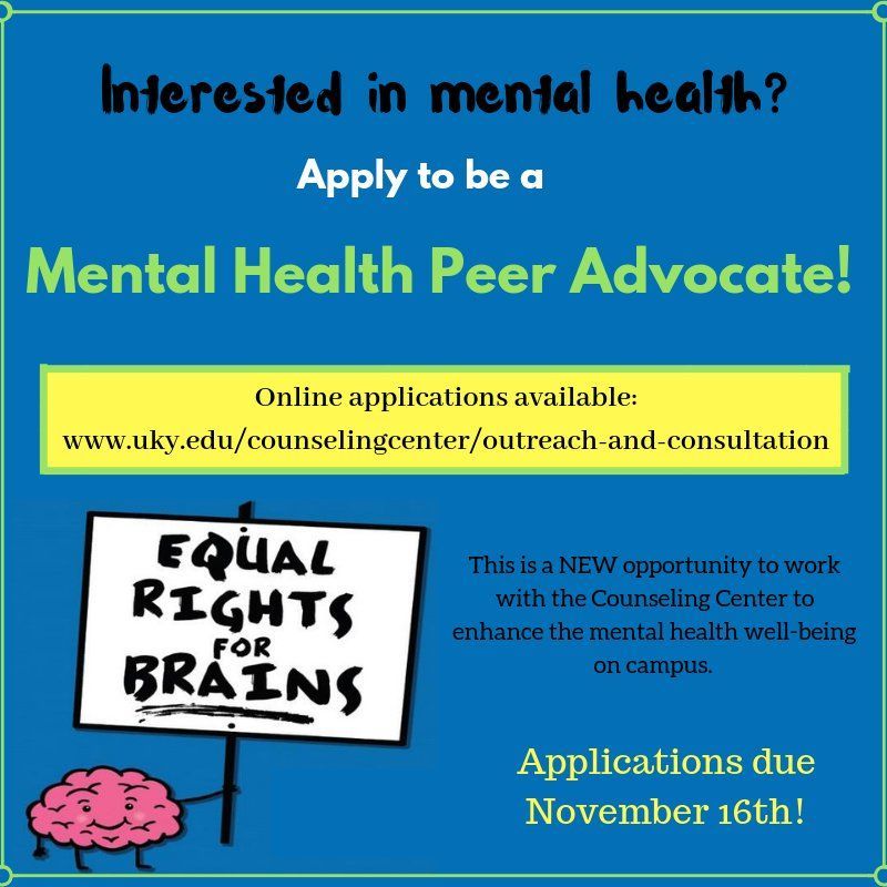Poster: Recruitment for Mental Health Peer Advocates. Blue background, text and a sign: