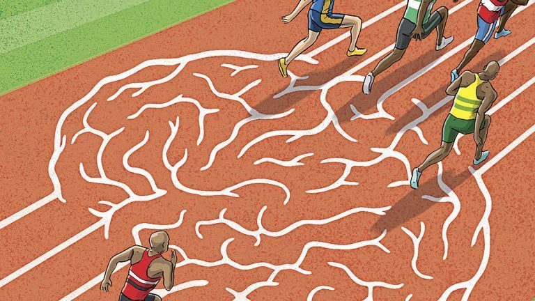 Runners on a track racing through a brain-shaped path; concept of mental effort in competition.