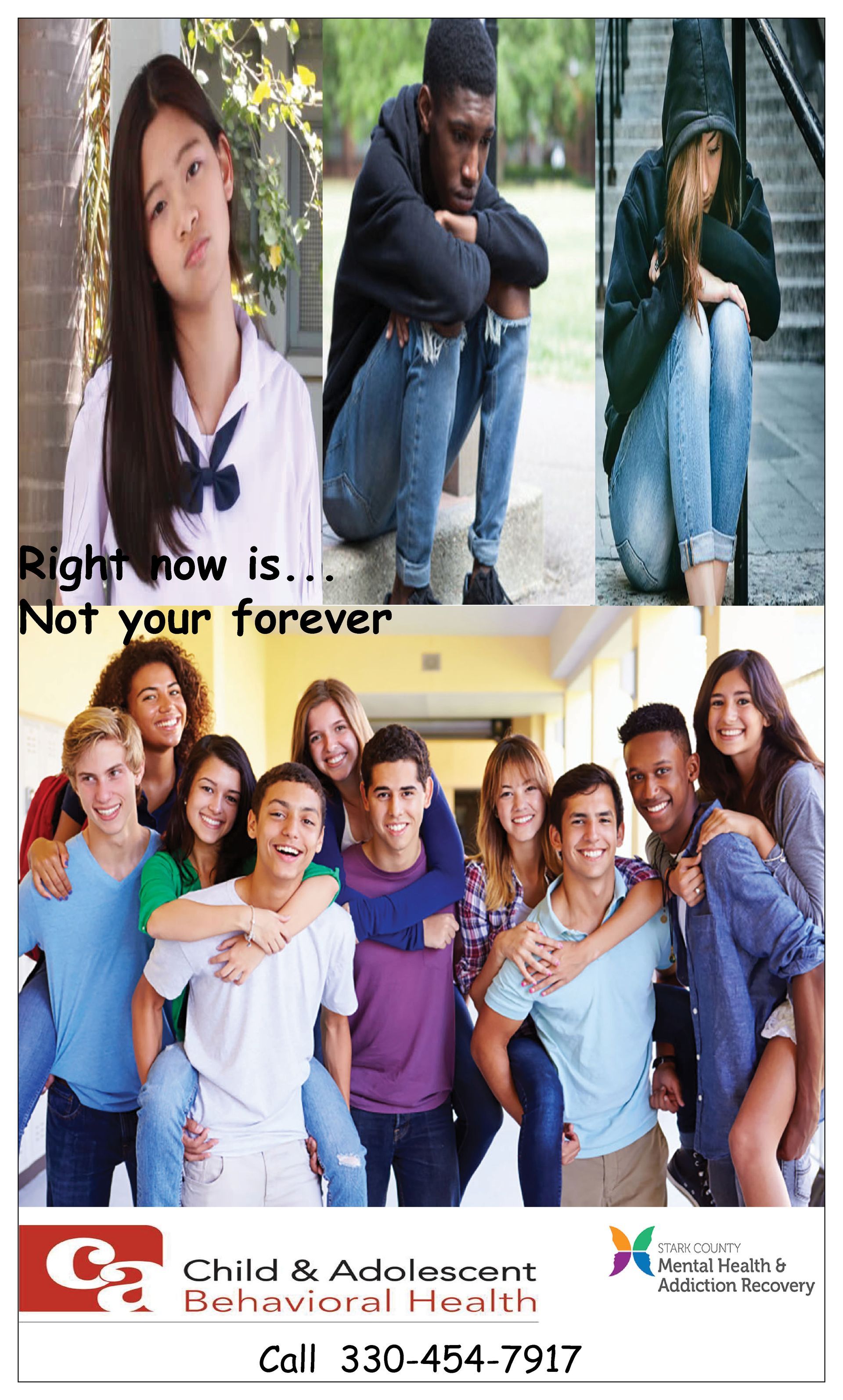 Teenagers looking sad and then joyful, advertisement for child & adolescent behavioral health.