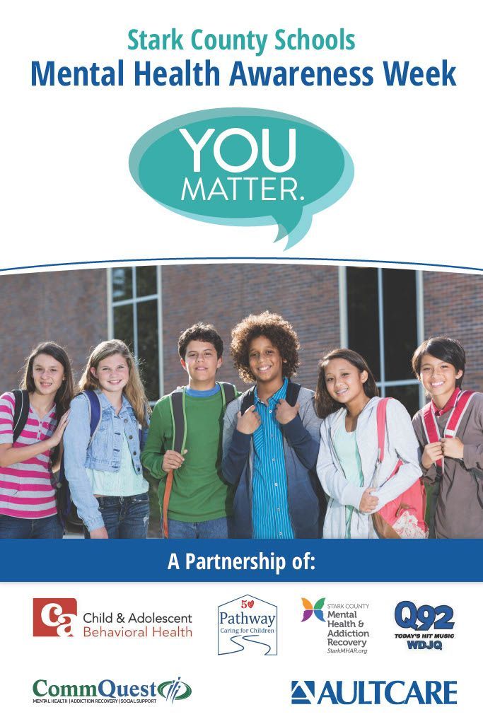 A poster for Stark County Schools' Mental Health Awareness Week featuring a group of diverse students and the words