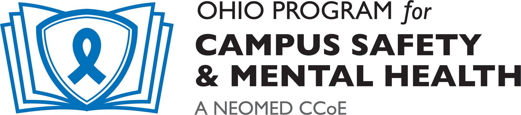 Logo for Ohio Program for Campus Safety & Mental Health. Includes open book, shield, and ribbon.