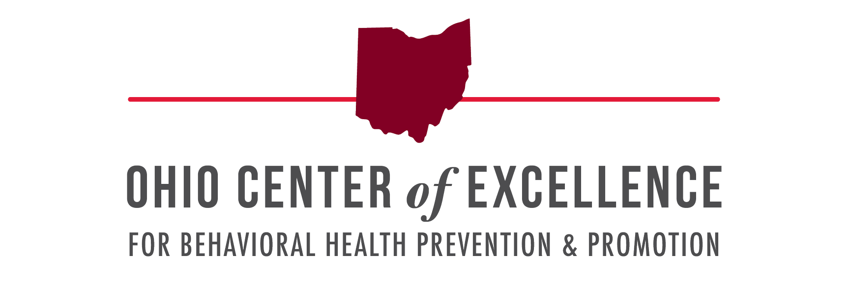 Ohio Center of Excellence logo with maroon Ohio outline, text: Ohio Center of Excellence for Behavioral Health Prevention & Promotion.