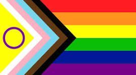 Pride flag incorporating intersex, transgender, POC, and rainbow colors; yellow, pink, blue, brown, and black.