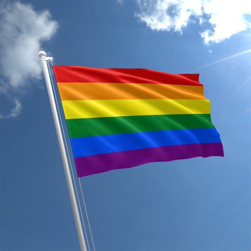 Rainbow pride flag waving against a blue sky with sun.
