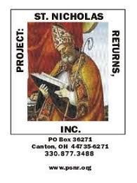 St. Nicholas Returns Inc. logo: depicts St. Nicholas with book. Text includes: 