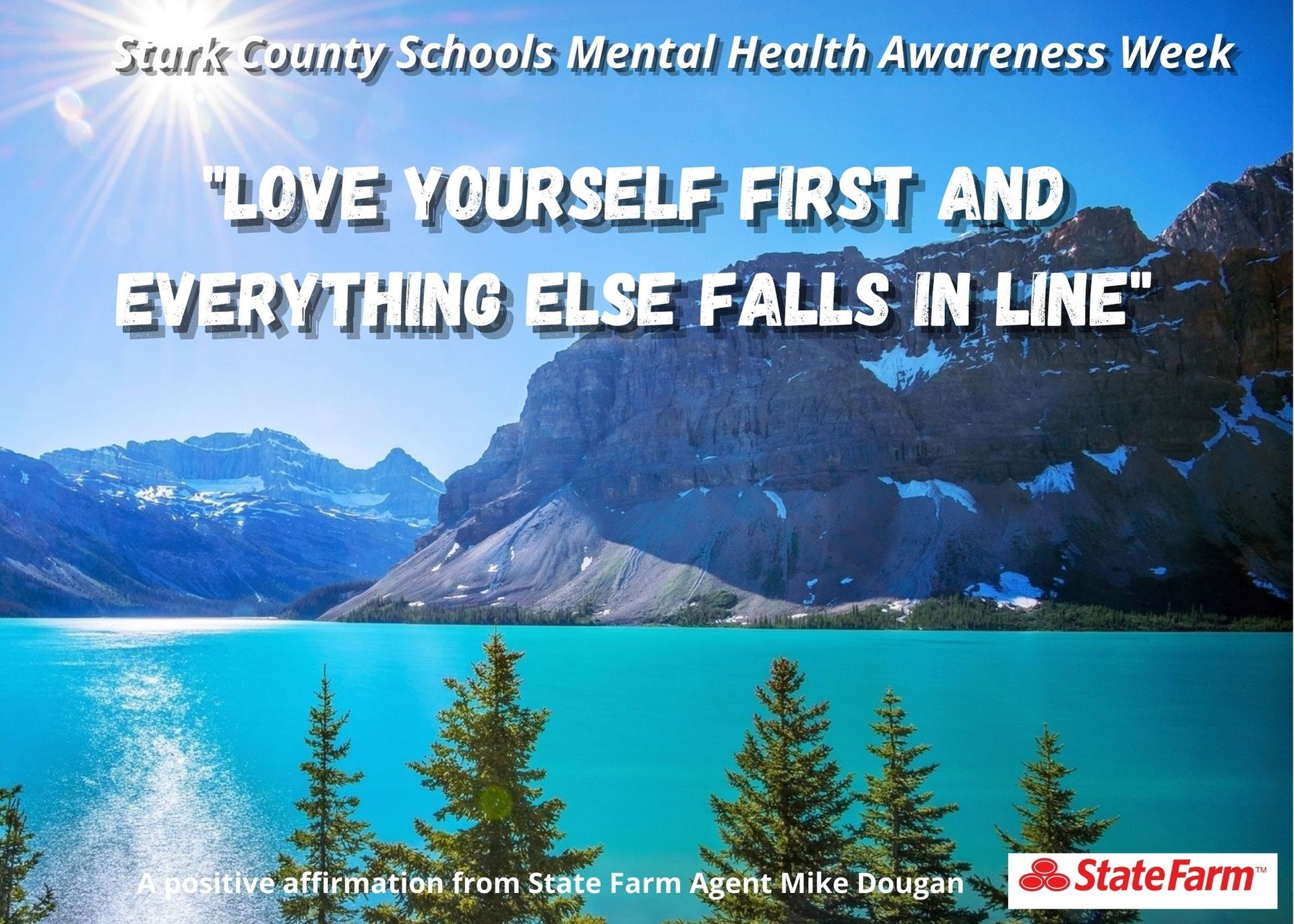 Mental health awareness graphic with scenic lake and mountains, text: