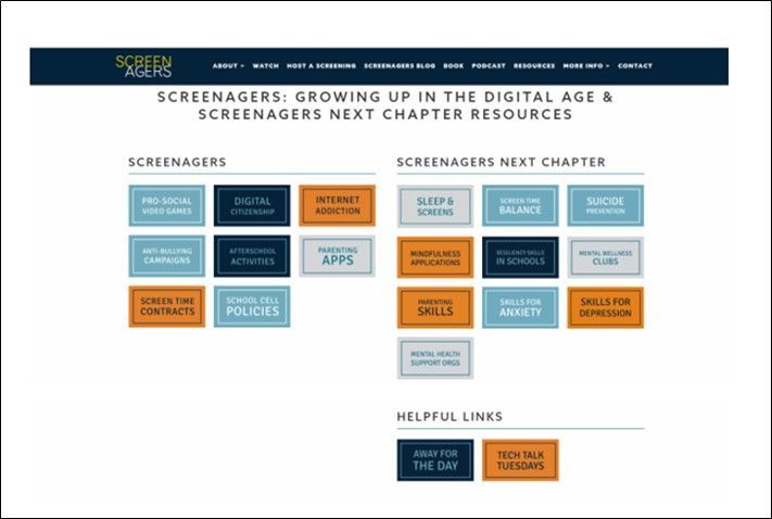Website homepage with resources for Screenagers. Sections include