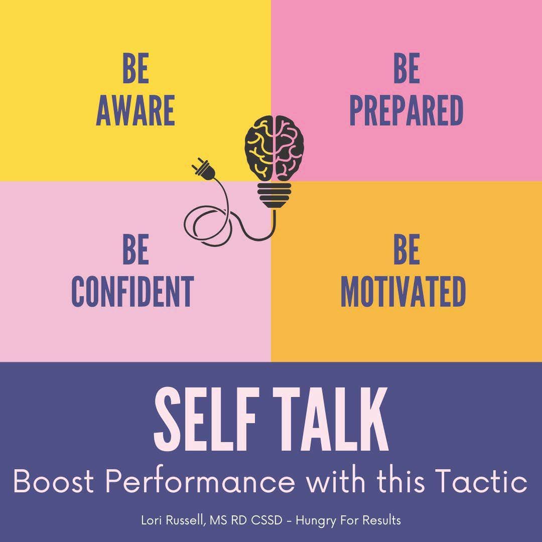 Image promoting self-talk for boosting performance. It uses a brain-shaped lightbulb, with the words