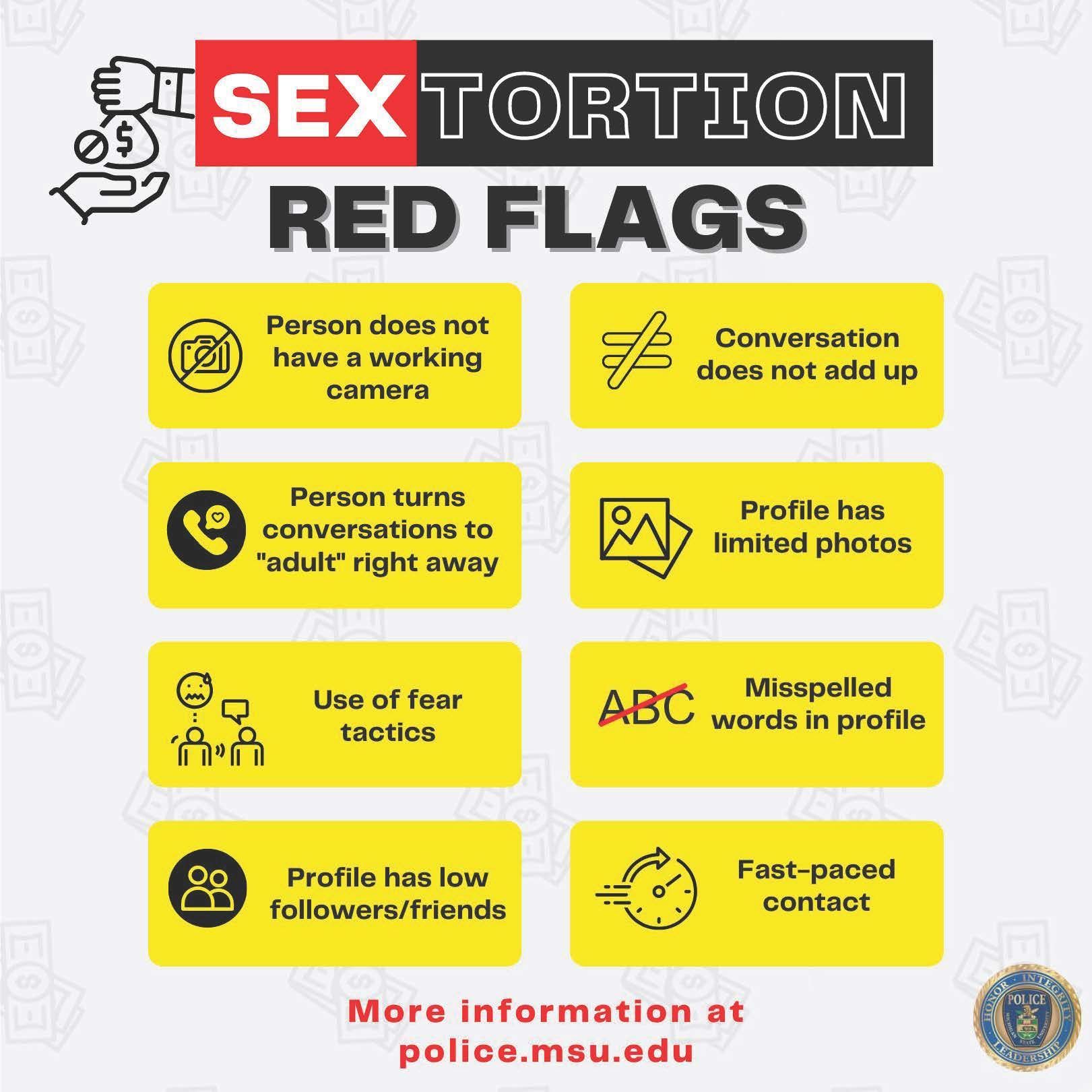 Infographic on sex extortion, showing red flags like no working camera, fast-paced contact, and fear tactics.