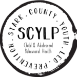 Black and white circular logo: SCYLP, Stark County Youth-led Prevention. Child & Adolescent Behavioral Health.