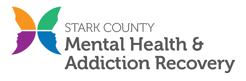 Logo for Stark County Mental Health & Addiction Recovery. Features a butterfly with faces and text.