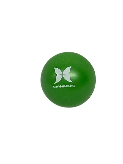 Green stress ball with white butterfly logo and website address.