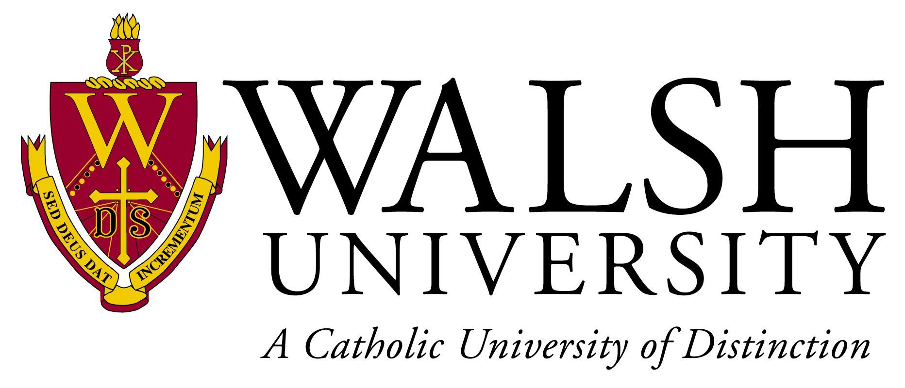 Walsh University logo: maroon shield with a 
