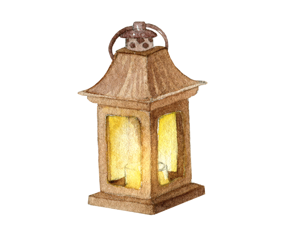 Watercolor illustration of a lit brown lantern with yellow light shining through the glass panels.
