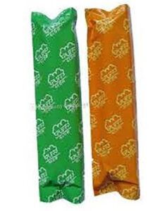 Green and orange wrapped rectangular candies.