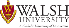 Logo of Walsh University: Burgundy shield with gold accents,