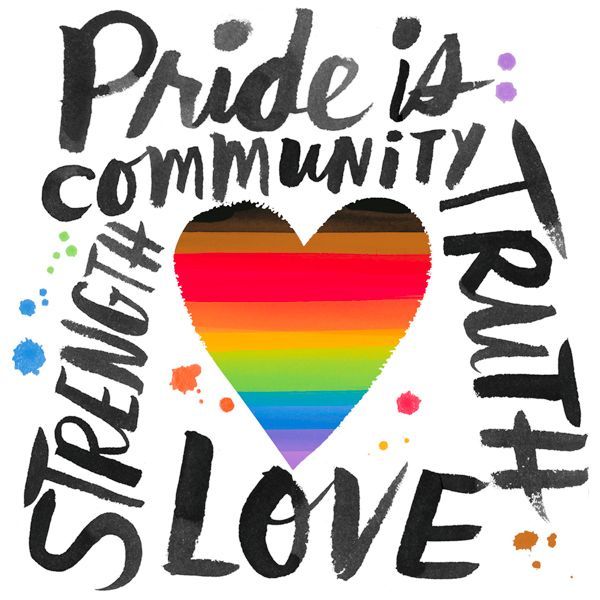 Rainbow heart in center; text around says