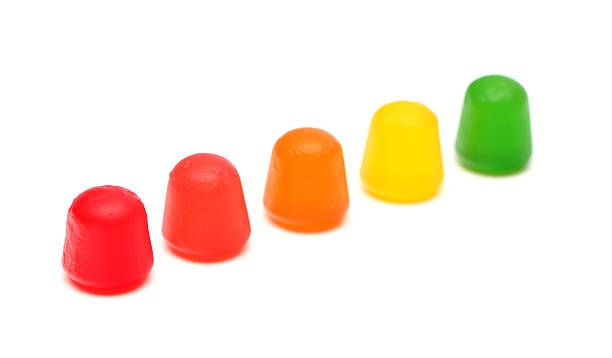 Five colorful gumdrops in a diagonal row, red, orange, yellow, and green on white background.