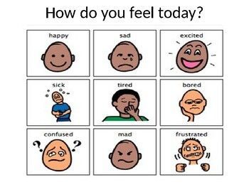 Grid showing emotions: happy, sad, excited, sick, tired, bored, confused, mad, frustrated.