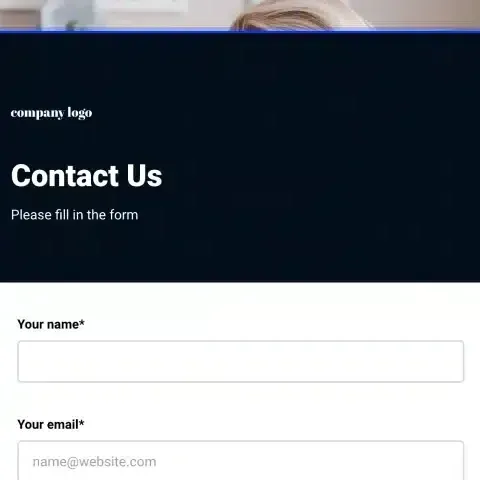 Contact form with a dark blue background, white text and form fields, and a person's photo at the top.
