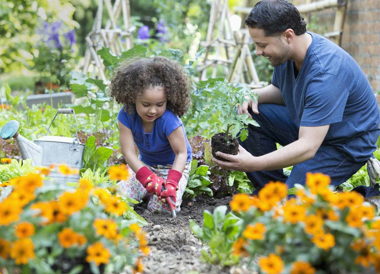 Father and daughter planting in a garden. They are surrounded by flowers and greenery. The daughter is wearing gloves and using a tool.