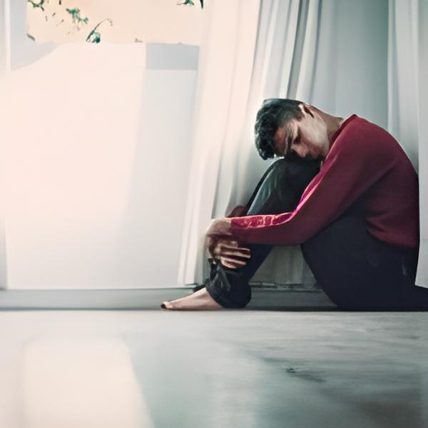 Man sitting on floor, head in knees, near window, looking downcast.