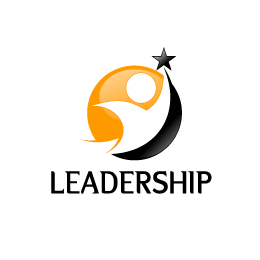 Leadership logo: person reaching for star, orange circle, black arc, text.