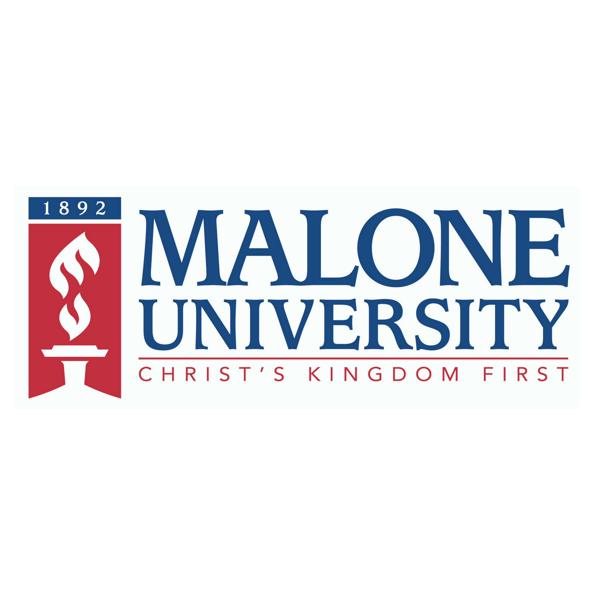 Logo of Malone University, blue text on white; red torch and motto.