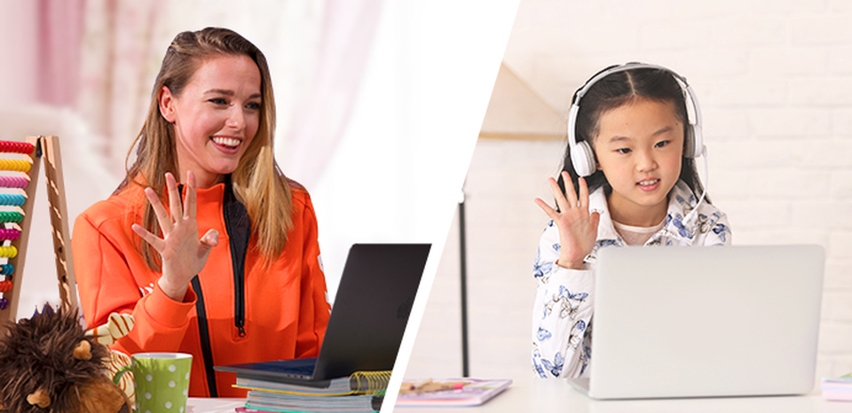 Woman and girl on laptops wave during a video call. The woman is wearing orange, the girl is wearing headphones.