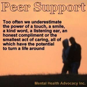 Silhouette of people in front of a sunset, text on peer support: kindness turns a life around.