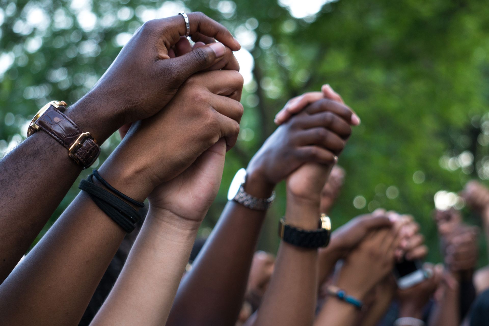 Hands of various skin tones clasped together, raised in solidarity, with a green background.