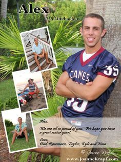 Alex, a young man, in a football jersey, arms crossed. Photos in corner: him at beach and sitting on steps.