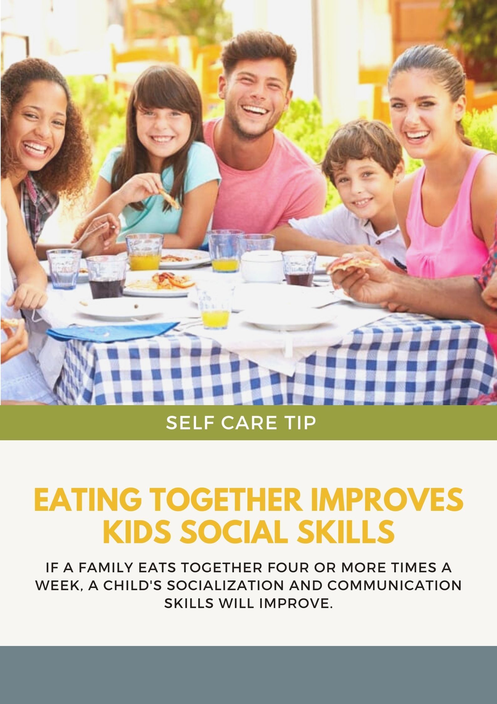 Family eating outdoors, smiling. Text: 