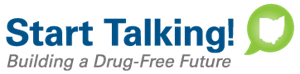 Start Talking! logo: Blue text with exclamation point, green Ohio-shaped speech bubble, 