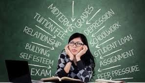 Woman stressed at a desk, surrounded by words like 