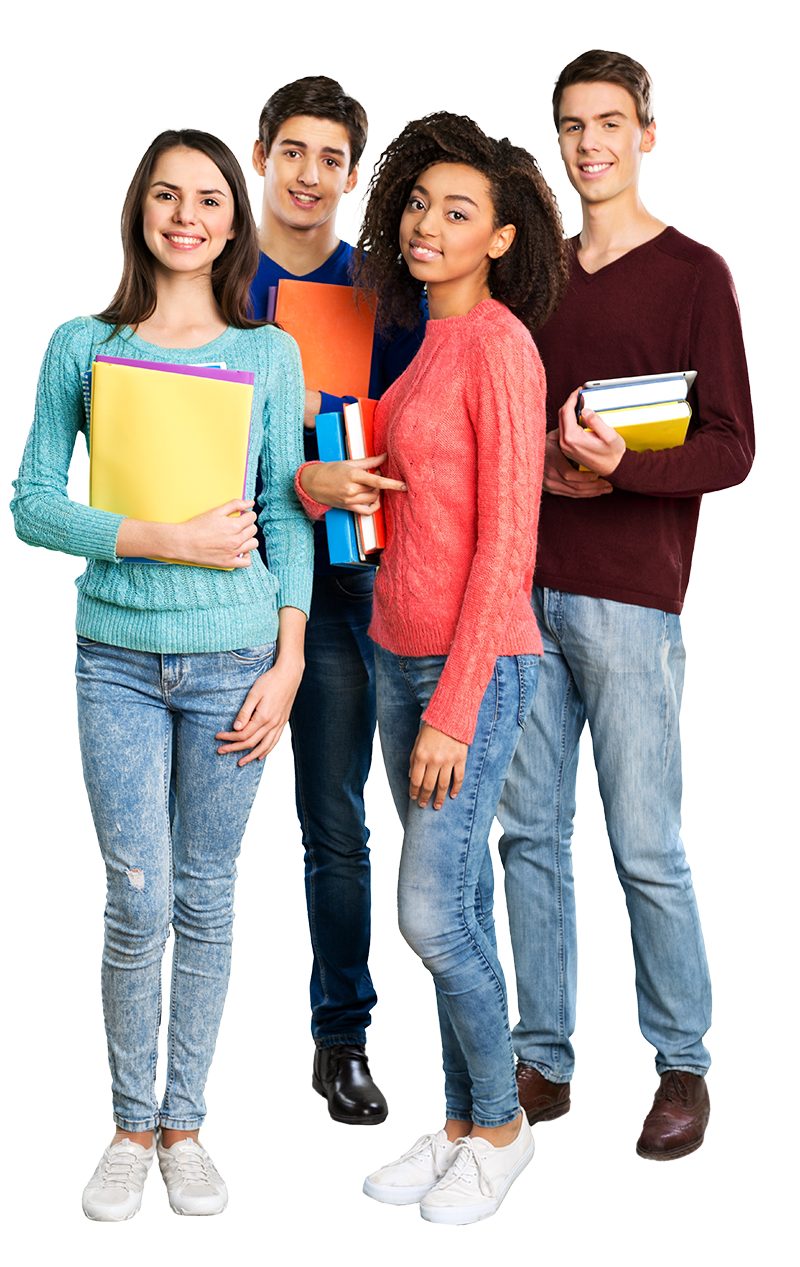 Four smiling students with books, dressed casually, standing together.