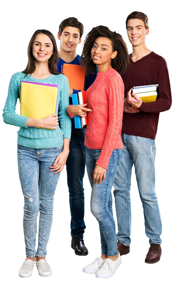 Four smiling students with books, dressed casually, standing together.
