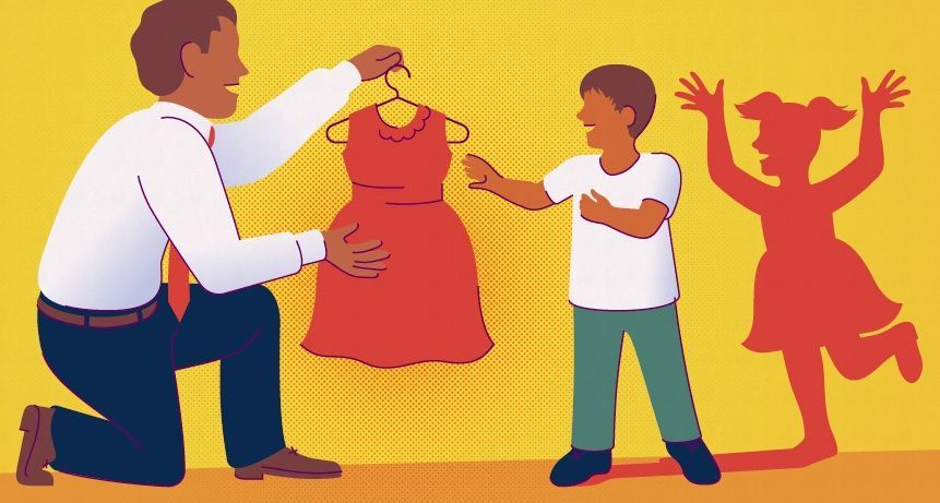 A father shows a red dress to his son, with a girl's silhouette in the background.