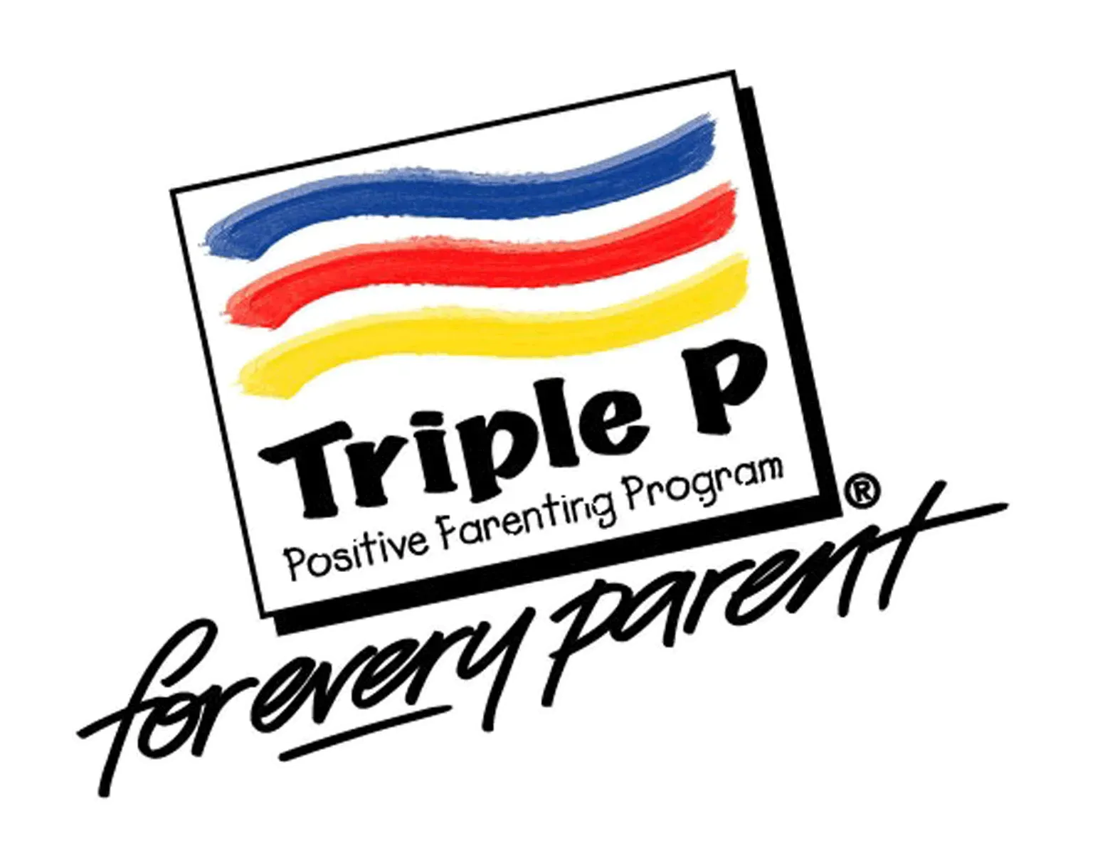 Triple P logo with blue, red, and yellow wavy lines above
