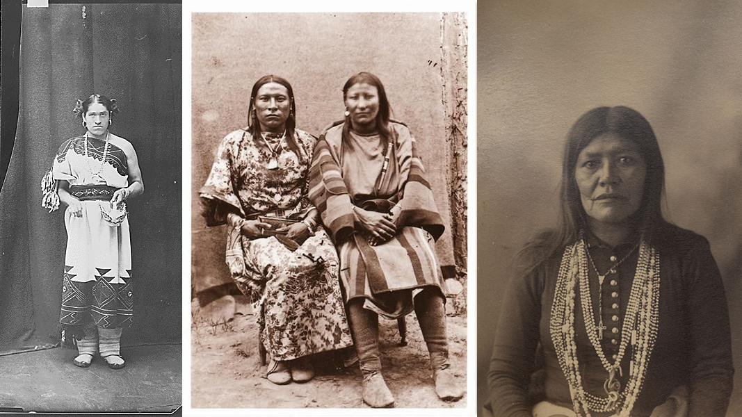 Three vintage portraits of Indigenous women in traditional clothing.