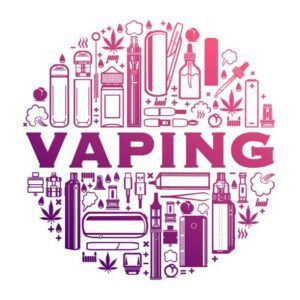 Circle with vaping devices, marijuana leaves, and the word 