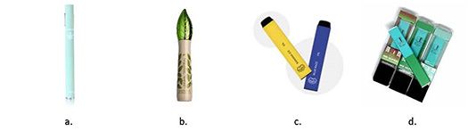 Four colorful disposable vapes: light blue, green, yellow, and blue, and a pile of them.